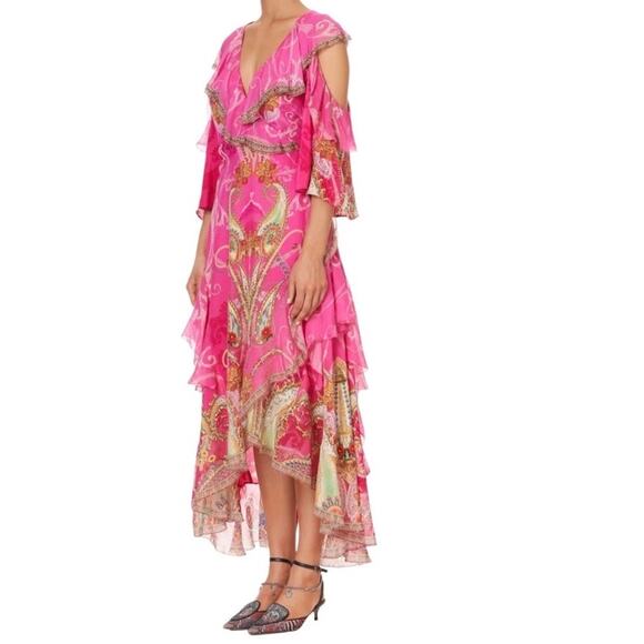 CAMILLA Silk Crystal Embellish Rufle Assym Wrap Dress Rainbow Rhythm Luxury Rare - Picture 2 of 16